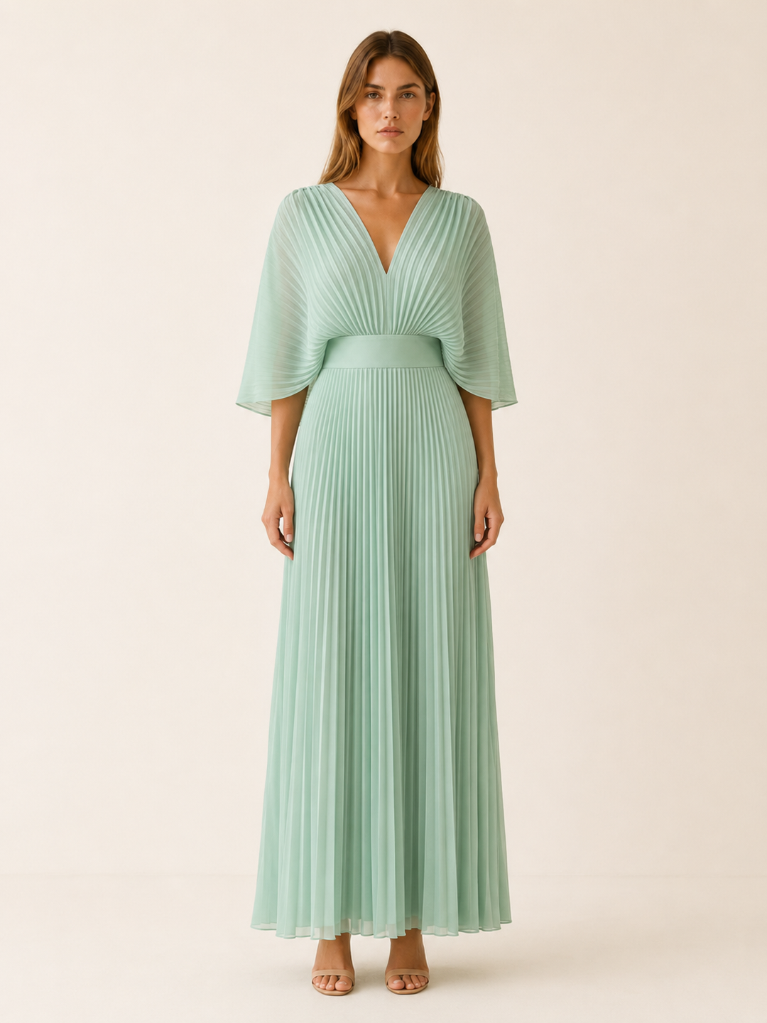 Diora | Pleated Maxi Dress with V Neck