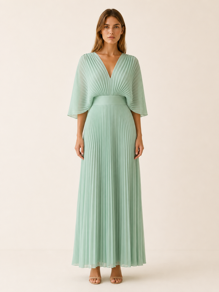 Diora | Pleated Maxi Dress with V Neck