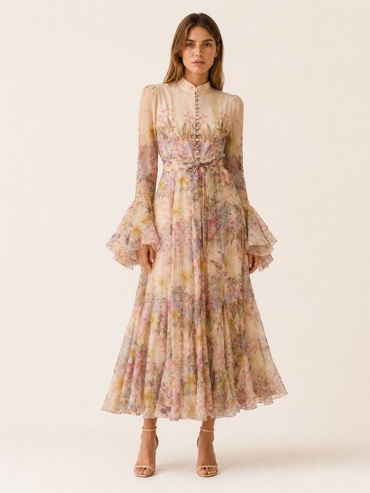 Elaraine | Floral Ruffle-Cuff Maxi Dress