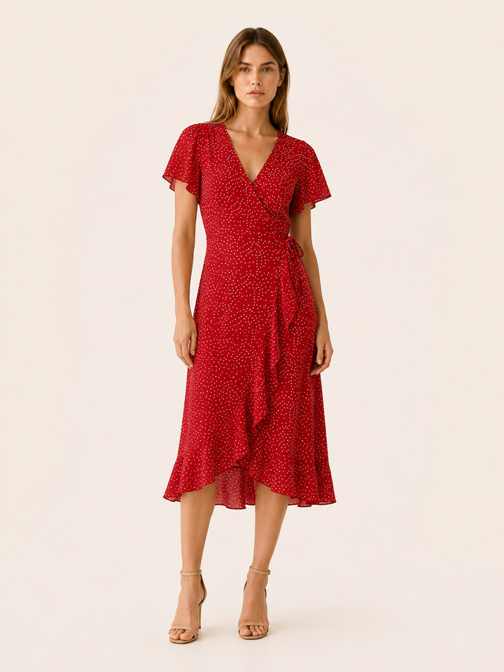 Farah | Polka Dot Wrap Dress with Ruffle Trim