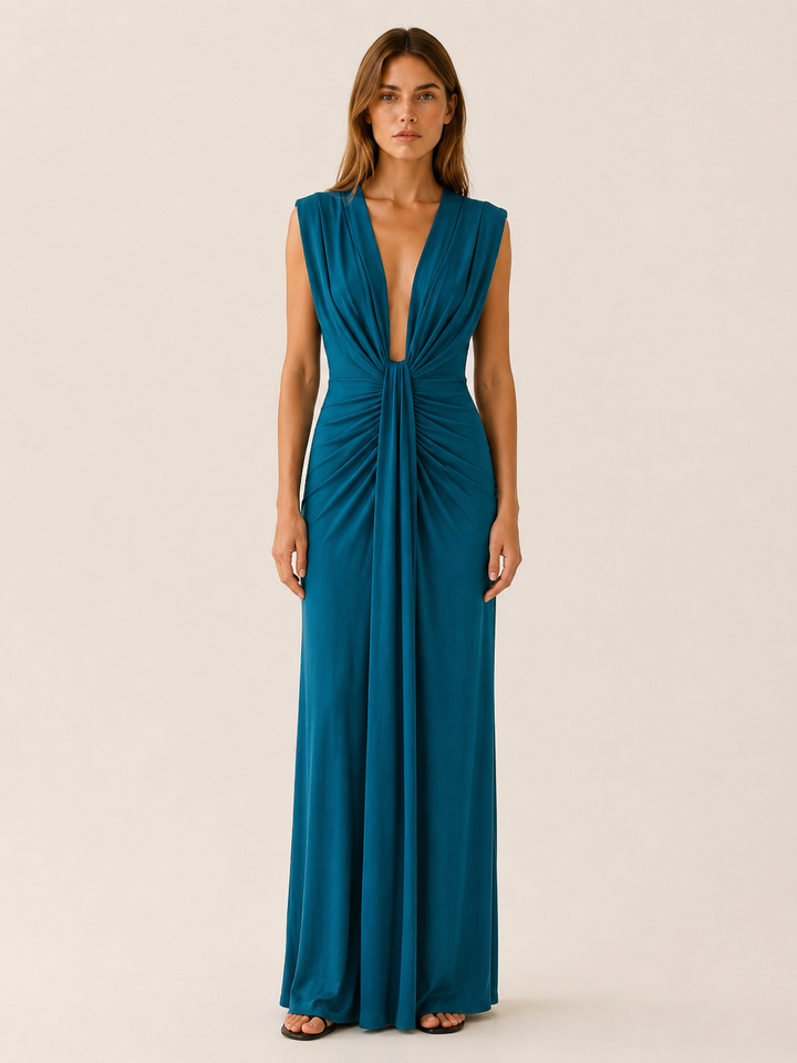 Frida | Maxi Dress with Deep V Neck and Draped Front