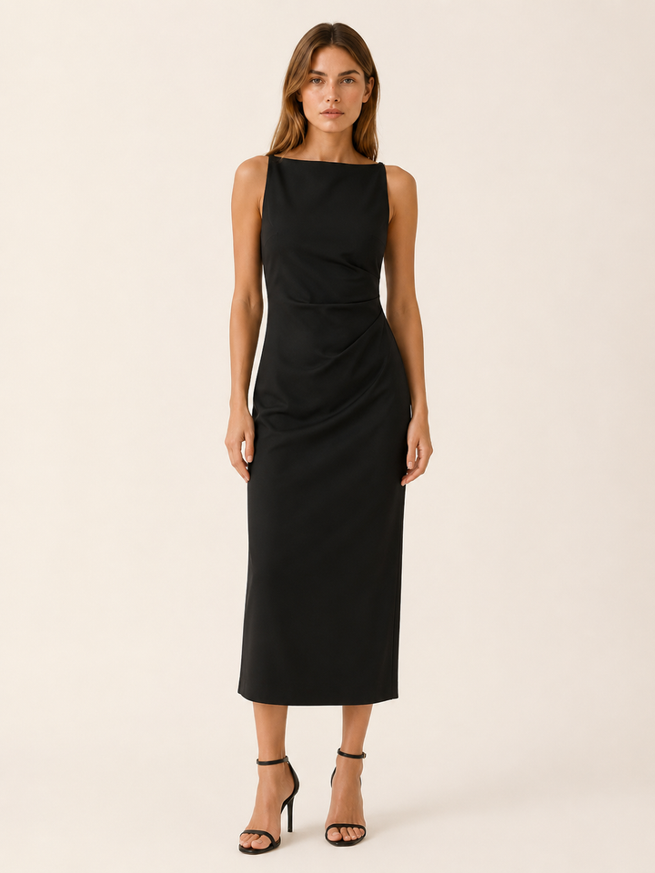Ivara | Straight Neck Midi Dress with Sleeveless Cut