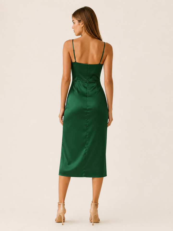 Jovie | Cowl Neck Satin Midi Dress with Side Slit