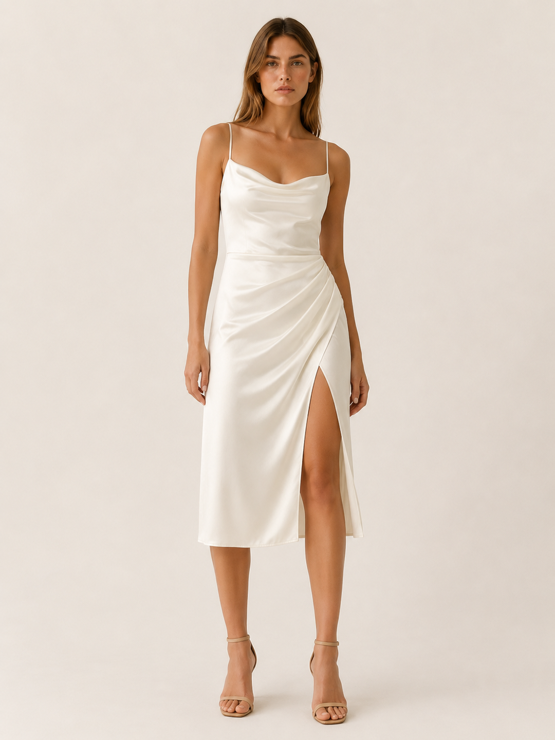 Jovie | Cowl Neck Satin Midi Dress with Side Slit