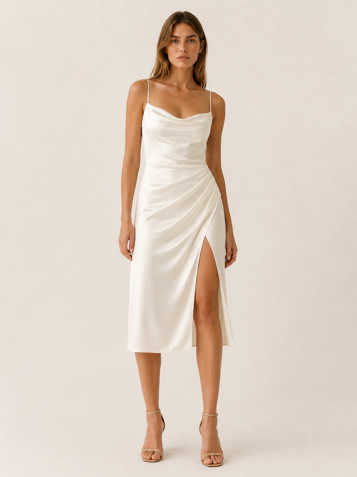 Jovie | Cowl Neck Satin Midi Dress with Side Slit