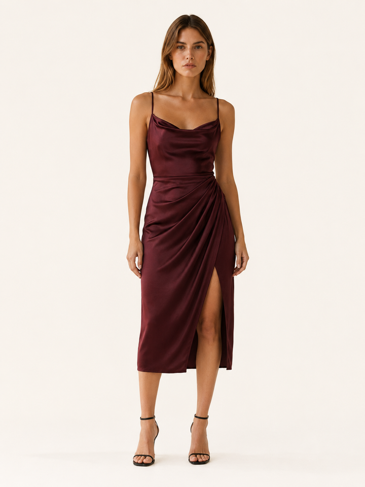 Jovie | Cowl Neck Satin Midi Dress with Side Slit