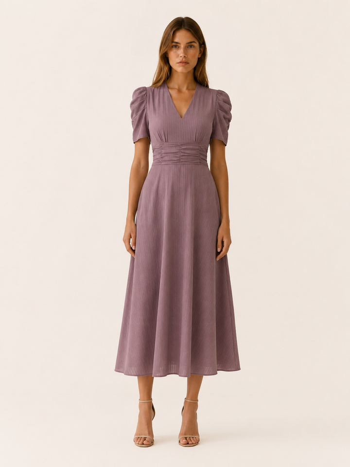 Keely | V Neck Midi Dress with Ruched Waist