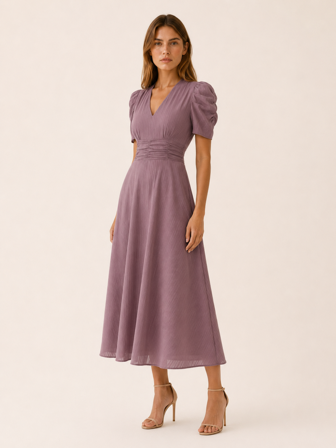 Keely | V Neck Midi Dress with Ruched Waist