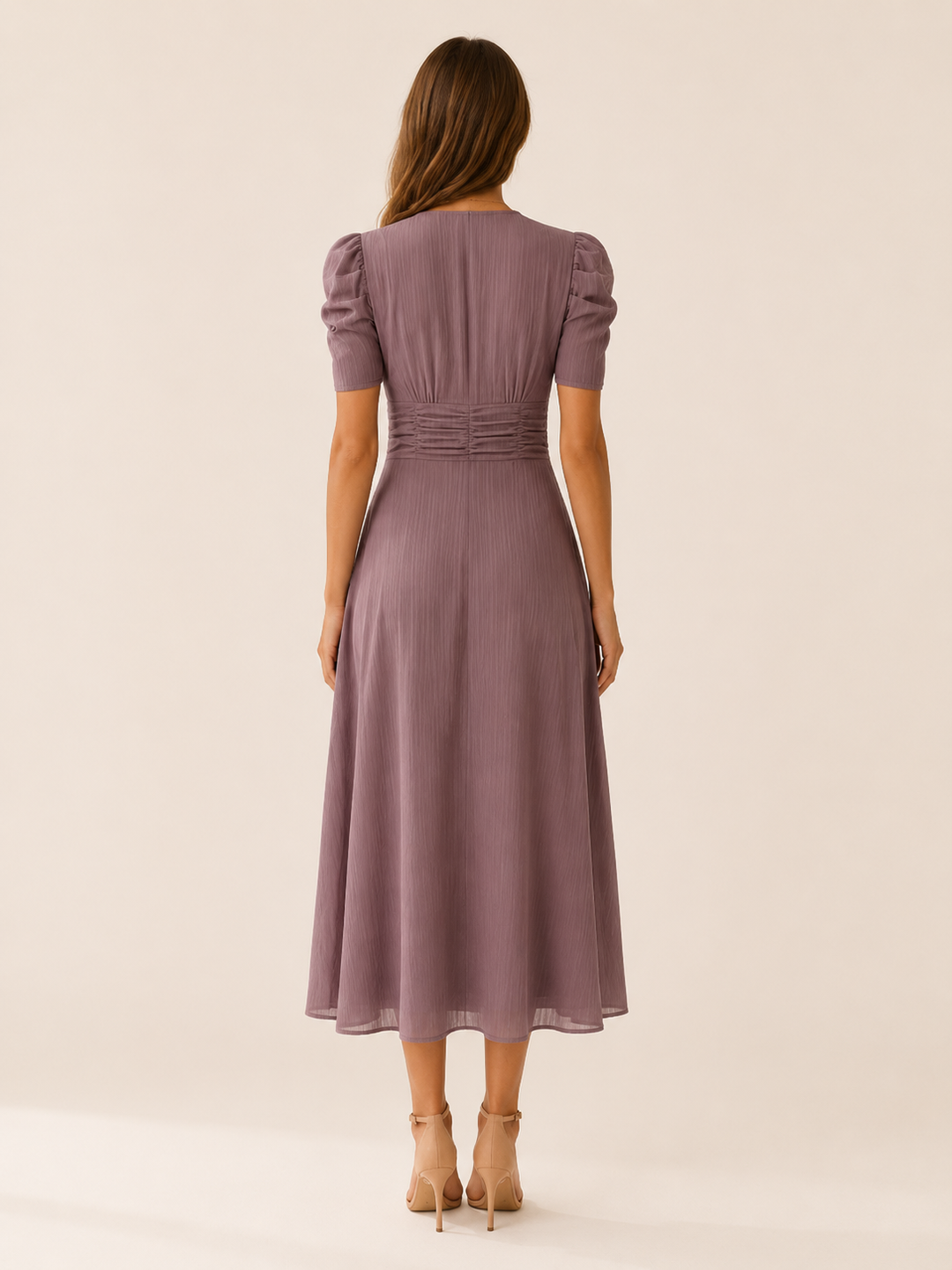 Keely | V Neck Midi Dress with Ruched Waist
