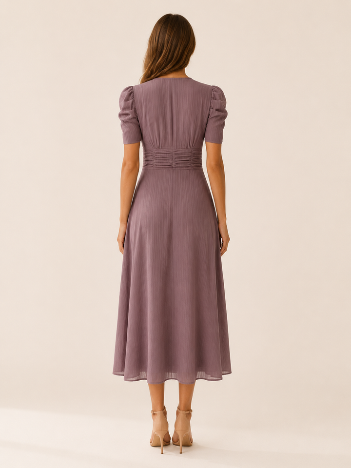 Keely | V Neck Midi Dress with Ruched Waist