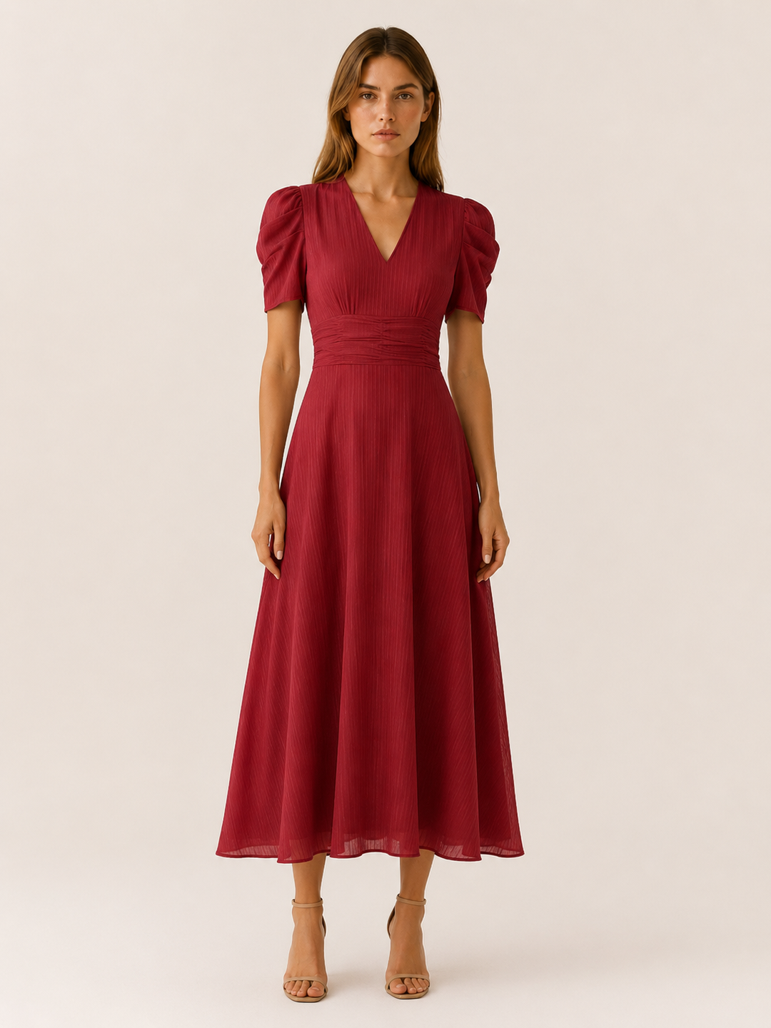 Keely | V Neck Midi Dress with Ruched Waist