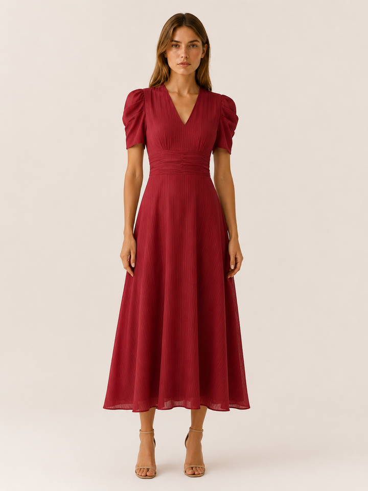 Keely | V Neck Midi Dress with Ruched Waist