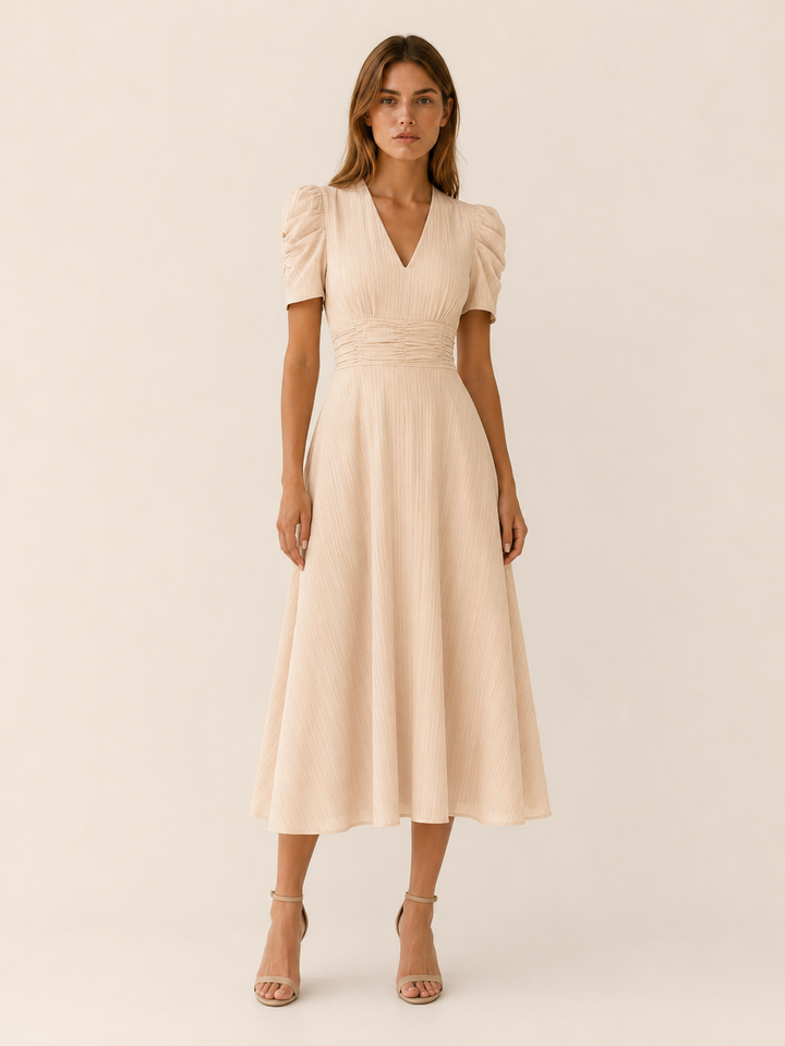 Keely | V Neck Midi Dress with Ruched Waist