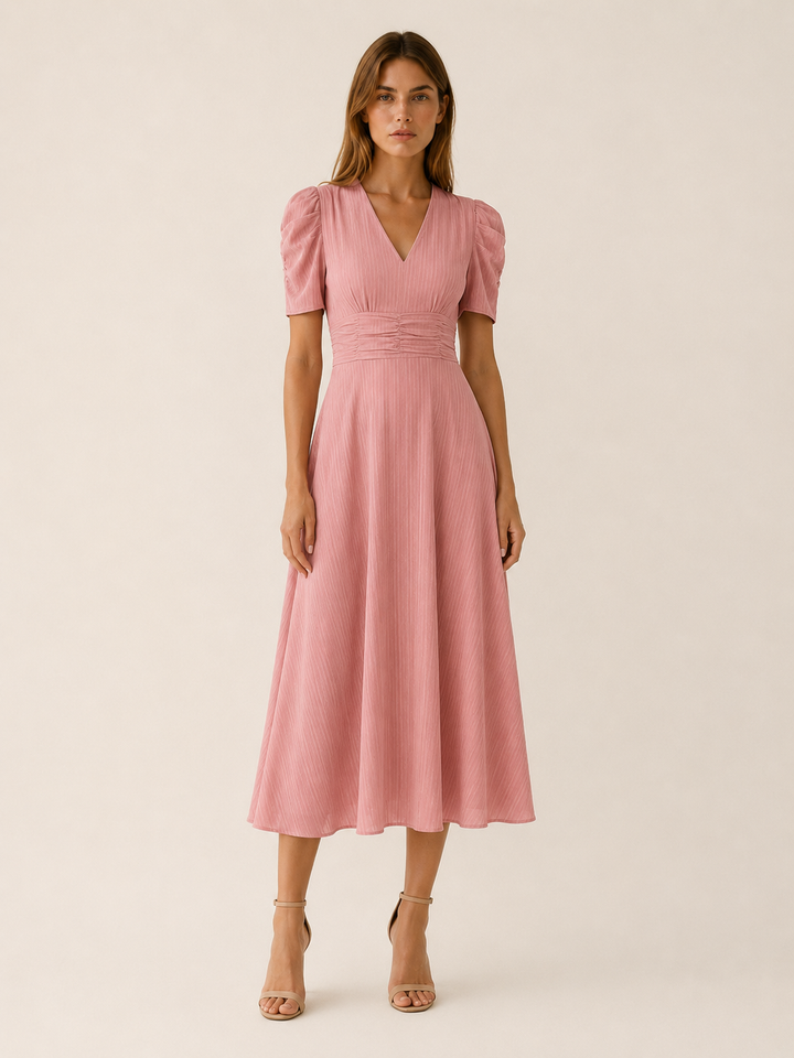 Keely | V Neck Midi Dress with Ruched Waist