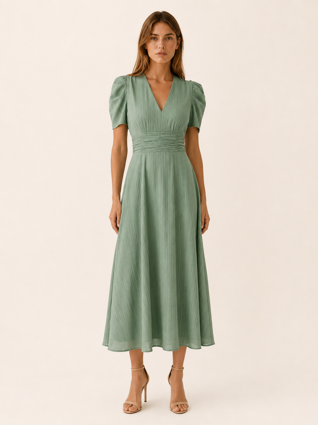 Keely | V Neck Midi Dress with Ruched Waist