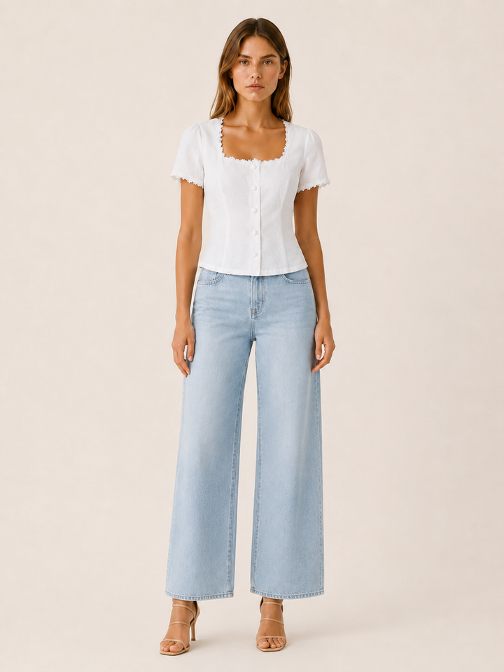 Lara | Square Neck Blouse with Lace Trim and Tie Back