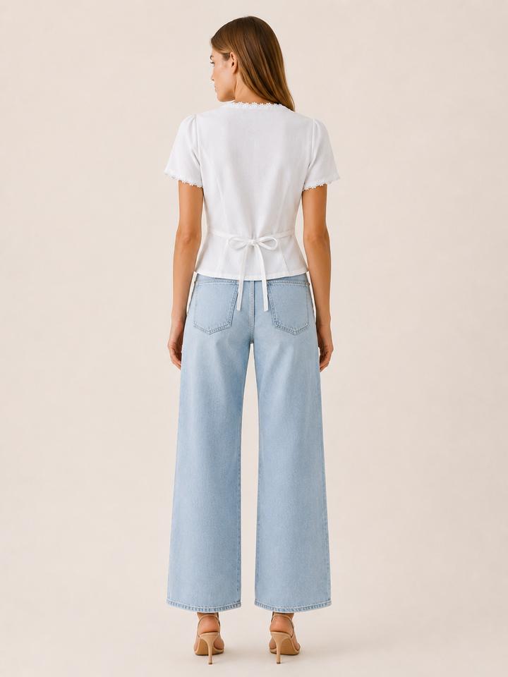 Lara | Square Neck Blouse with Lace Trim and Tie Back