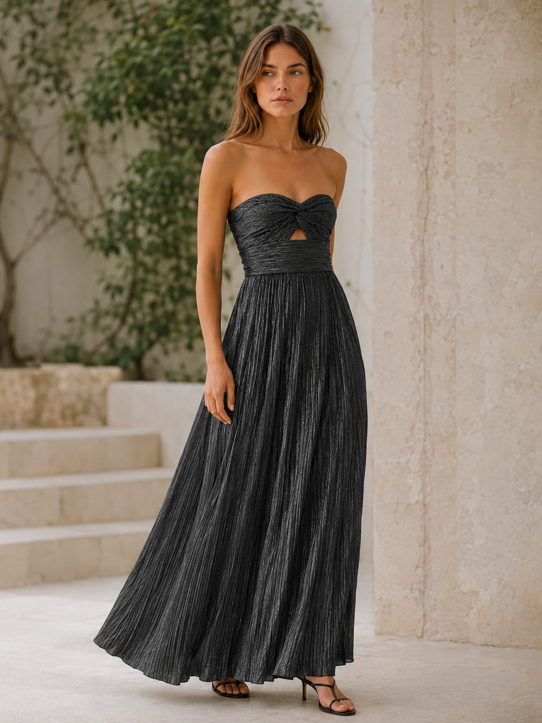Linnea | Metallic Maxi Dress with Strapless Pleated Design