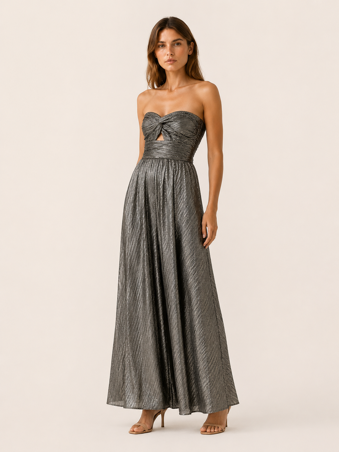 Linnea | Metallic Maxi Dress with Strapless Pleated Design
