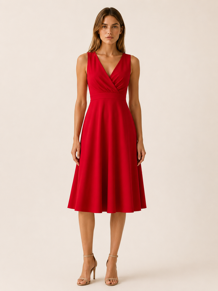 Lorna | V Neck Midi Dress with A-Line Skirt