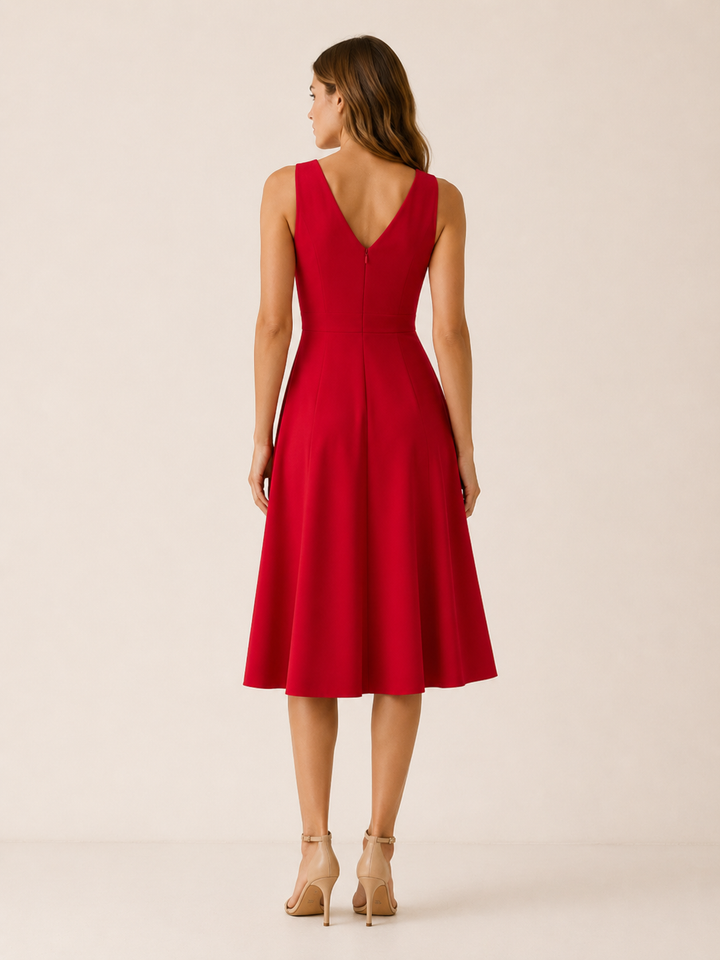Lorna | V Neck Midi Dress with A-Line Skirt