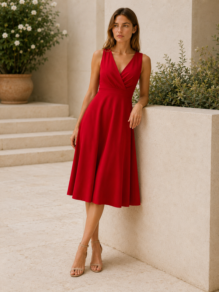 Lorna | V Neck Midi Dress with A-Line Skirt