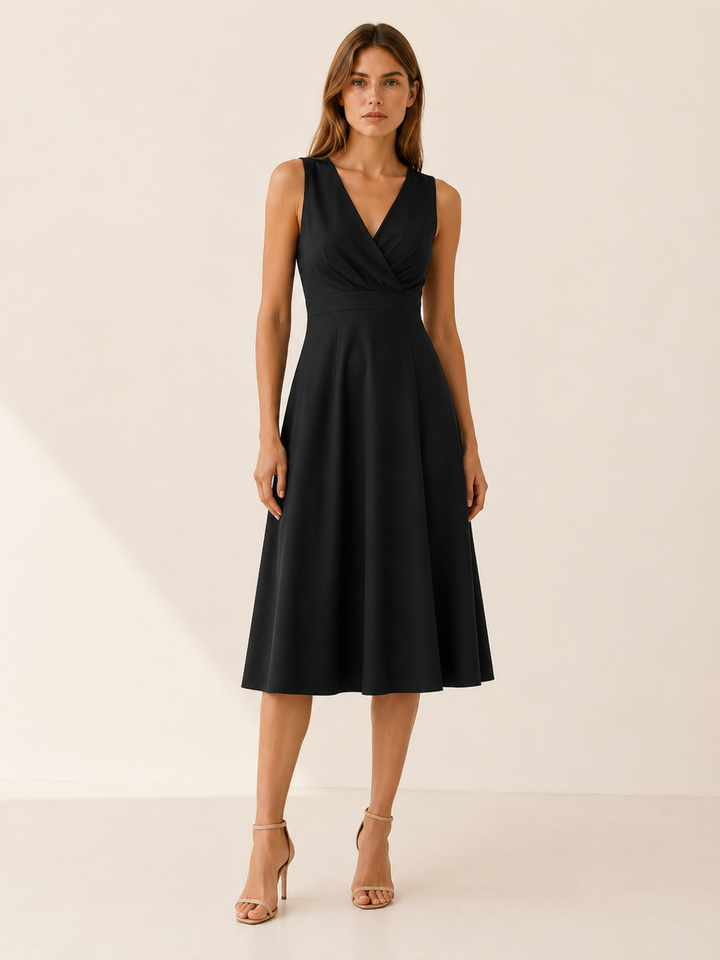 Lorna | V Neck Midi Dress with A-Line Skirt