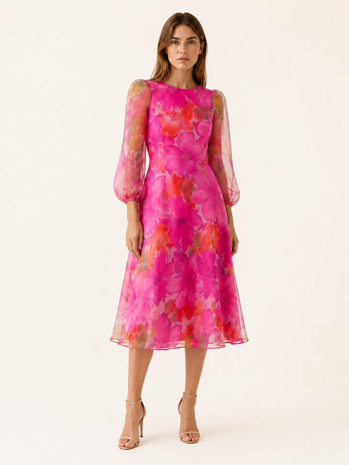 Maren | Floral Midi Dress with Sheer Long Sleeves