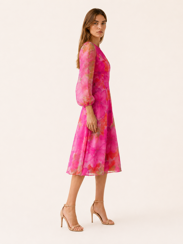 Maren | Floral Midi Dress with Sheer Long Sleeves