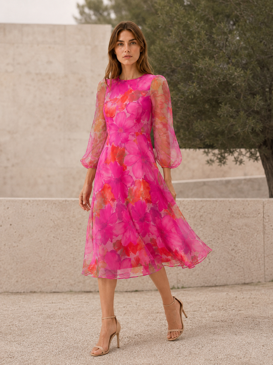 Maren | Floral Midi Dress with Sheer Long Sleeves