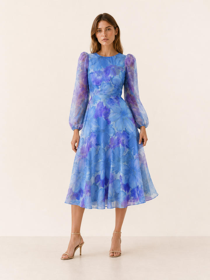 Maren | Floral Midi Dress with Sheer Long Sleeves