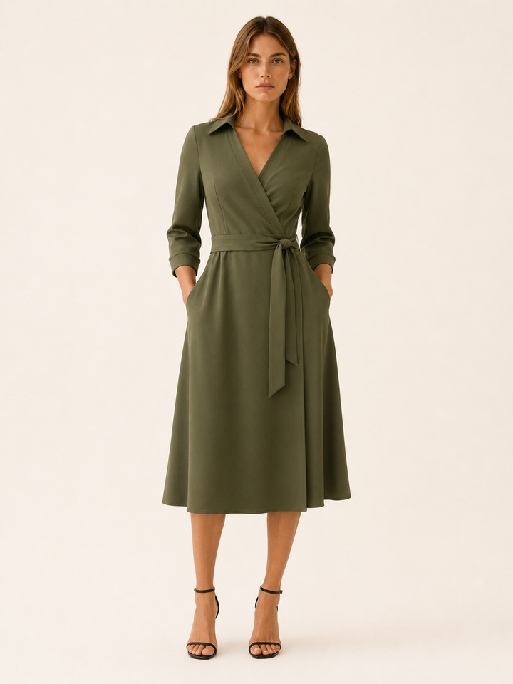 Marla | Wrap Midi Dress with Tie Waist and Collar