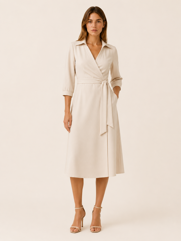 Marla | Wrap Midi Dress with Tie Waist and Collar