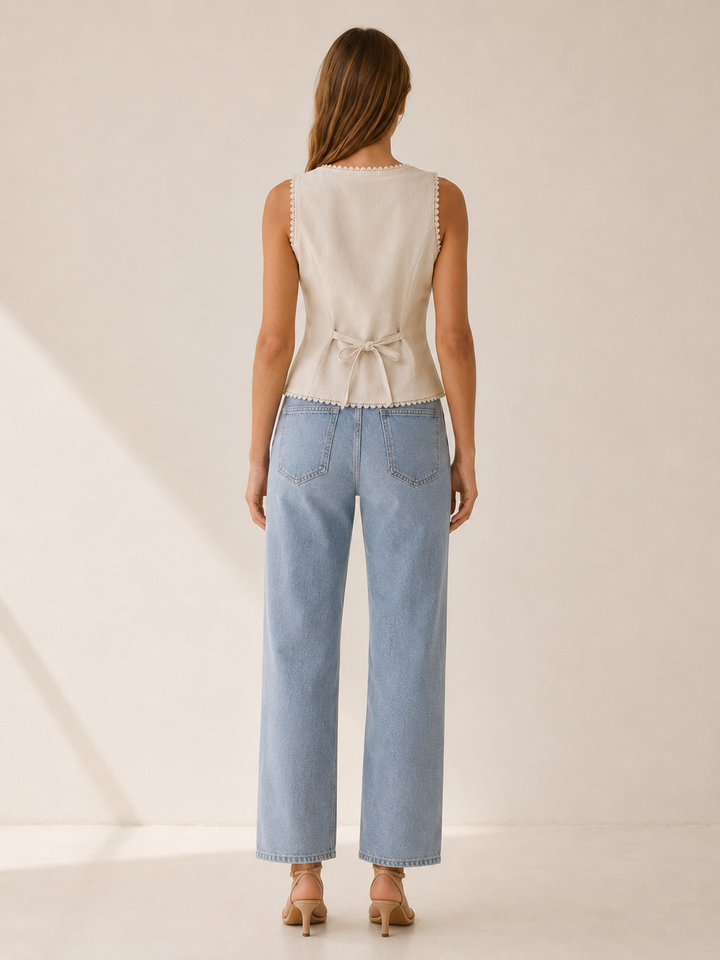 Mira | Button Vest with Boat Neck and Lace Trim
