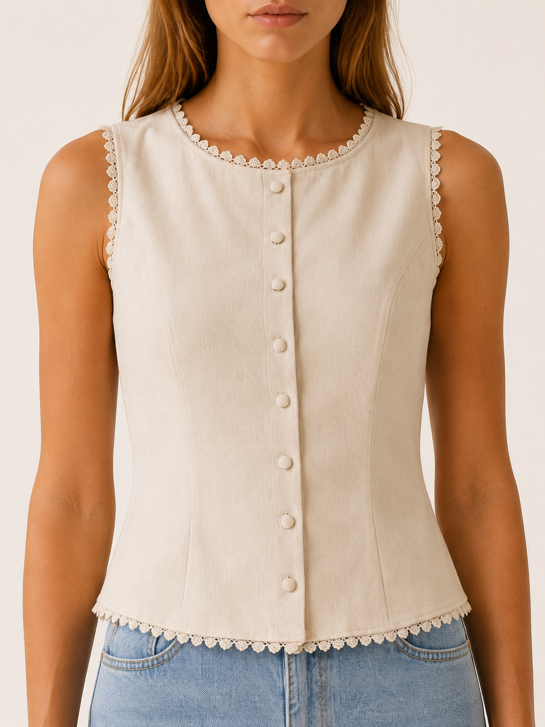 Mira | Button Vest with Boat Neck and Lace Trim