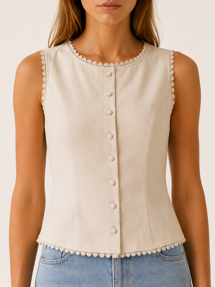 Mira | Button Vest with Boat Neck and Lace Trim