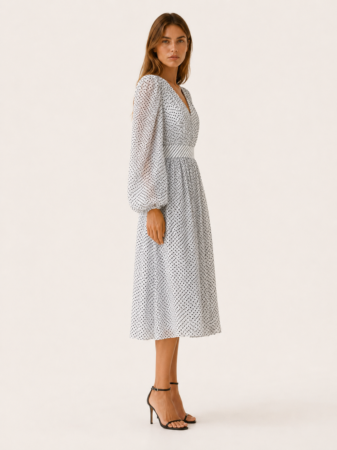 Mirta | Polka Dot Midi Dress with V Neck and Balloon Sleeves