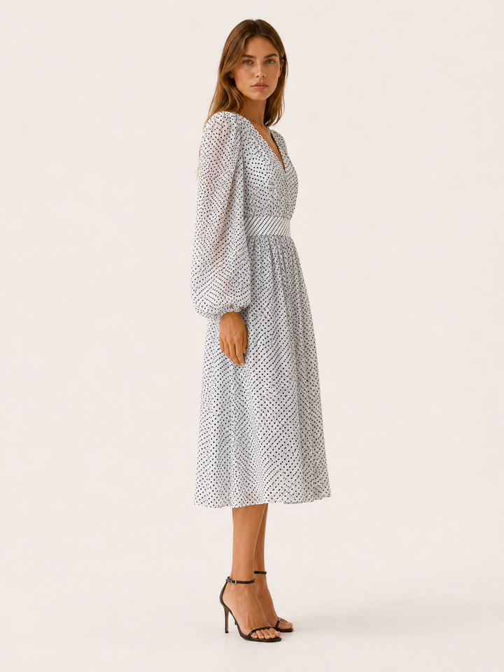 Mirta | Polka Dot Midi Dress with V Neck and Balloon Sleeves