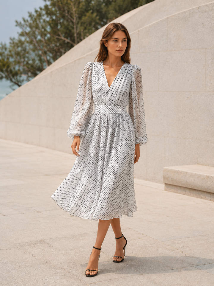 Mirta | Polka Dot Midi Dress with V Neck and Balloon Sleeves