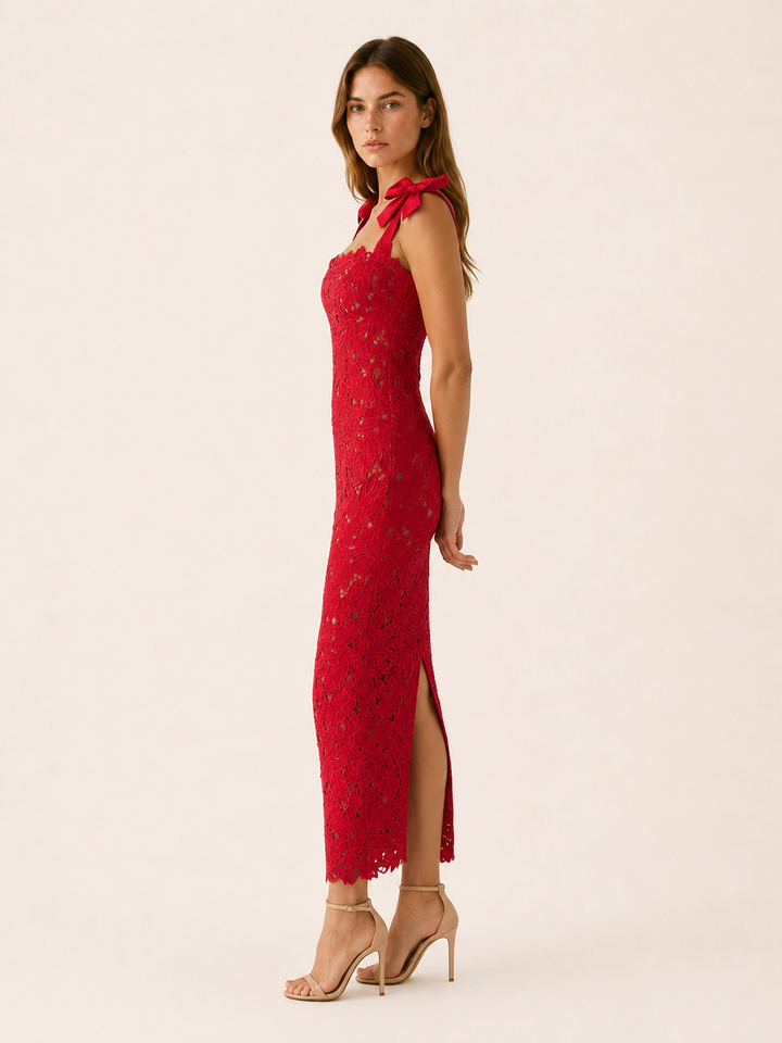 Nerea | Lace Maxi Dress with Bow Straps and Back Slit