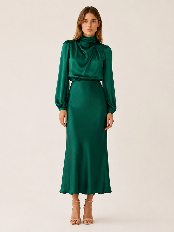 Orinthia | Satin Maxi Dress with High Neck and Draped Front