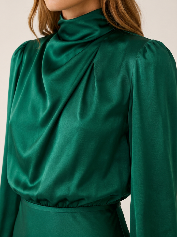Orinthia | Satin Maxi Dress with High Neck and Draped Front