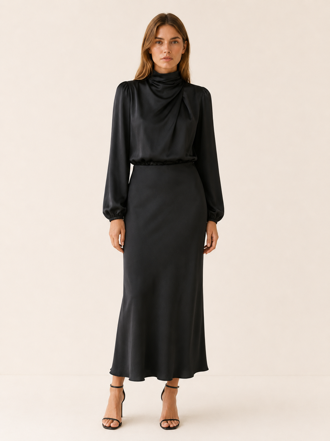 Orinthia | Satin Maxi Dress with High Neck and Draped Front