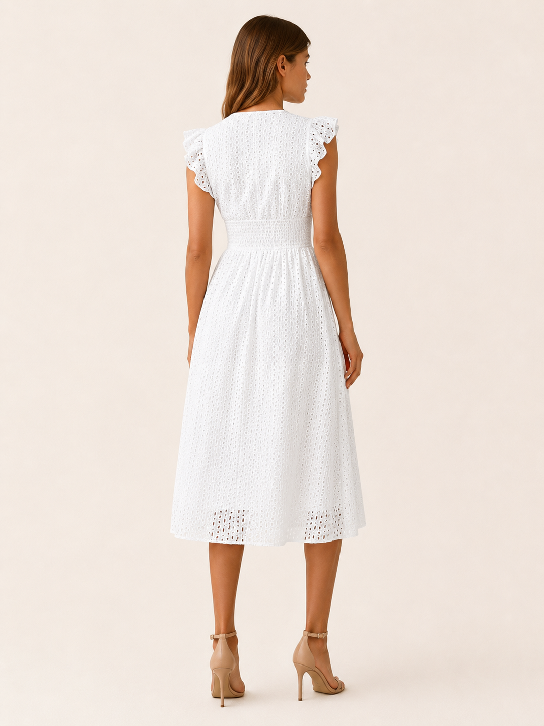 Paola | Eyelet Midi Dress with V Neck and Ruffle Sleeves