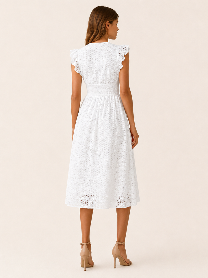 Paola | Eyelet Midi Dress with V Neck and Ruffle Sleeves