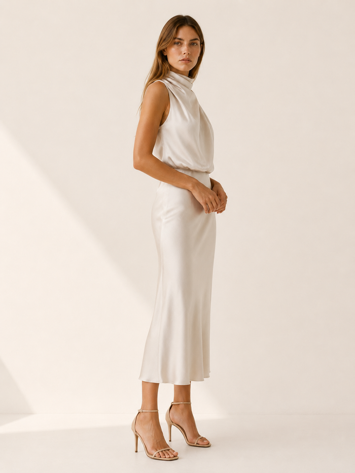 Perrine | Satin Midi Dress with High Neck and Draped Front