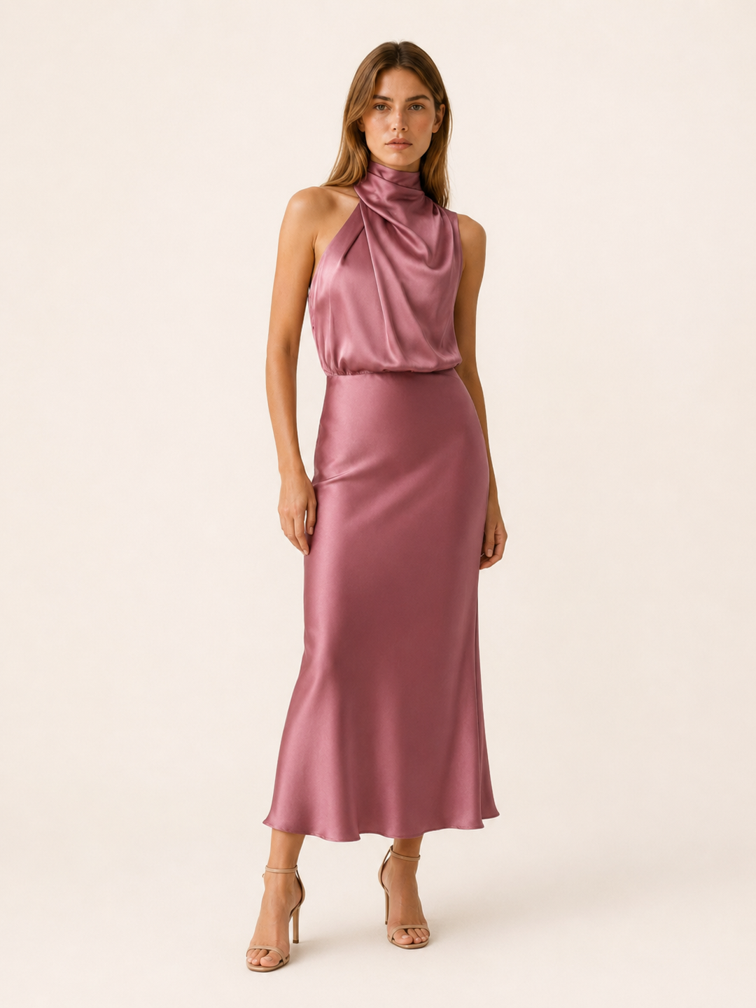 Perrine | Satin Midi Dress with High Neck and Draped Front