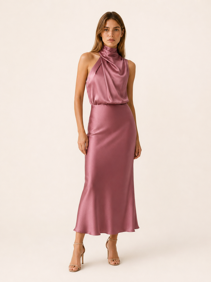 Perrine | Satin Midi Dress with High Neck and Draped Front