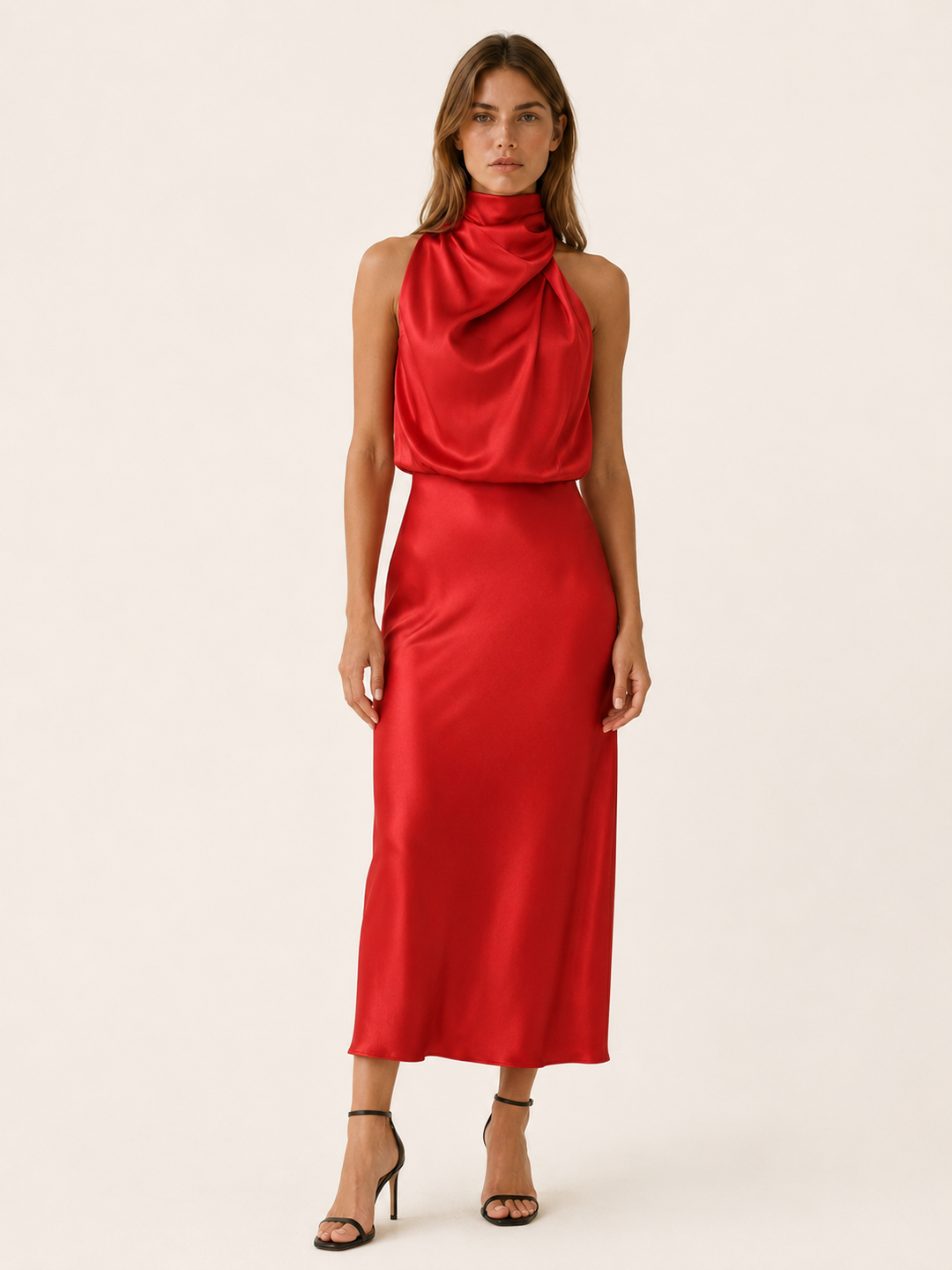 Perrine | Satin Midi Dress with High Neck and Draped Front