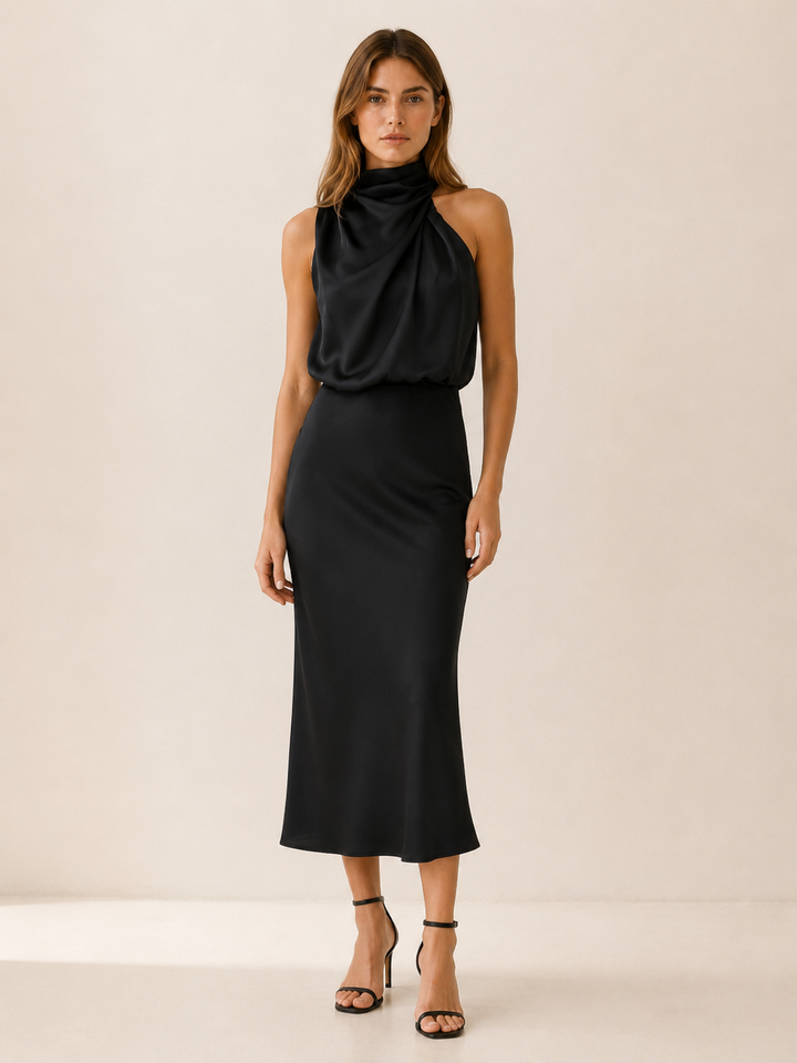 Perrine | Satin Midi Dress with High Neck and Draped Front